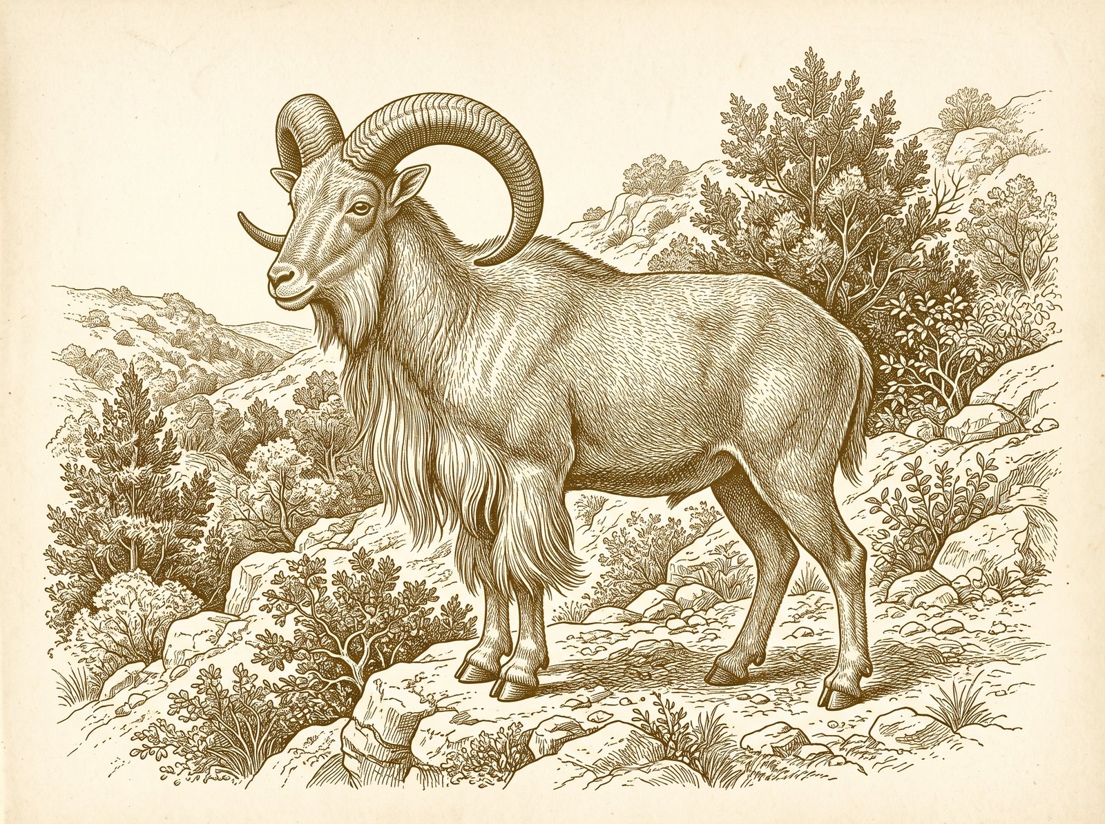 Etched illustration of an aoudad ram on a rocky hillside