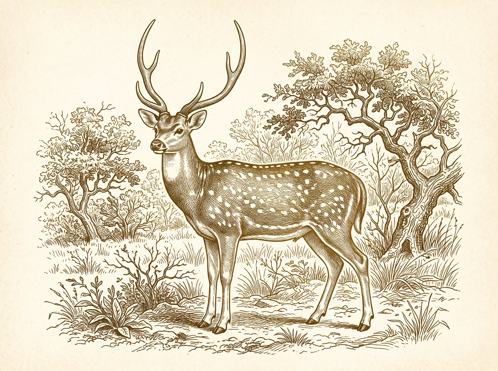 Etched illustration of an axis deer in oak savanna