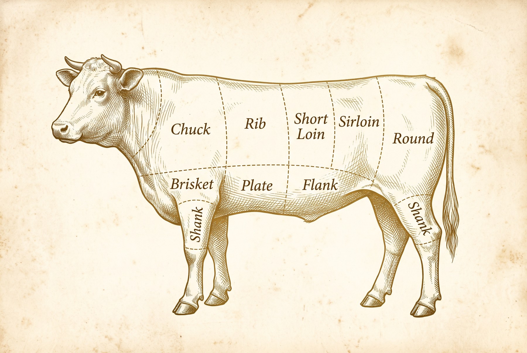 An engraved beef cuts chart showing the primal cuts: chuck, rib, short loin, sirloin, round, brisket, plate, flank and shank