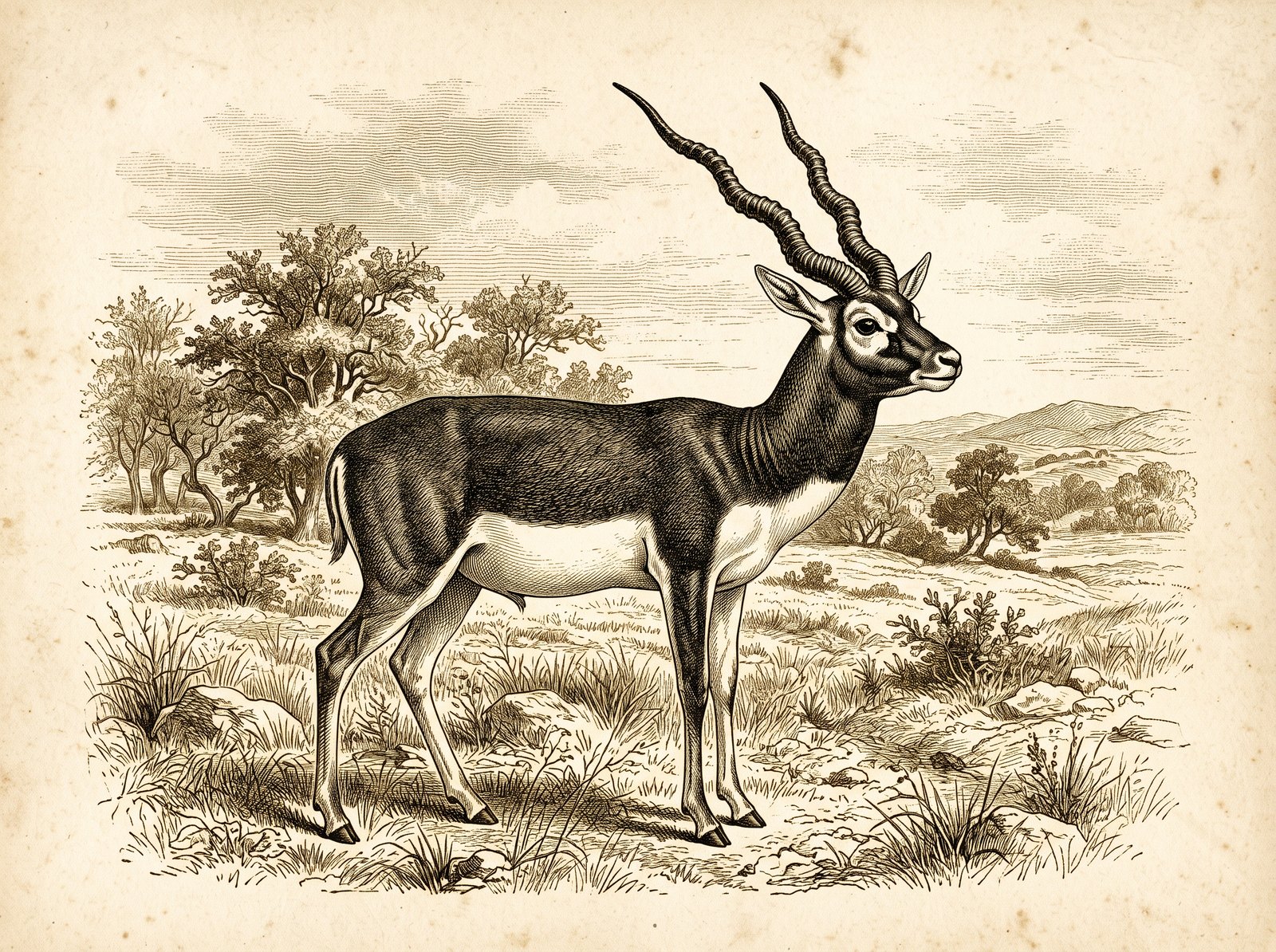 Etched illustration of a blackbuck antelope on open grassland
