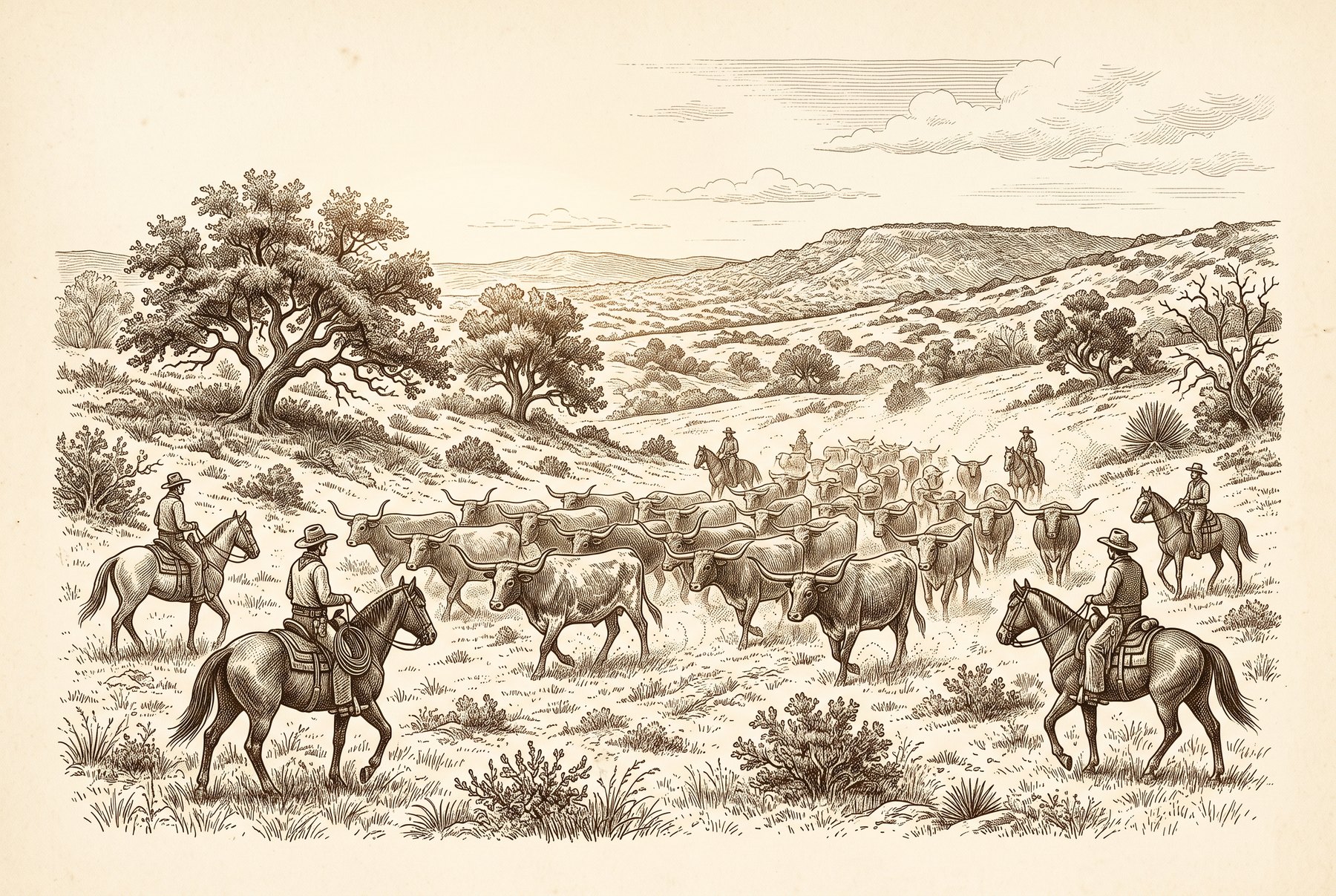 An engraved illustration of a 19th-century Texas cattle drive across the hill country