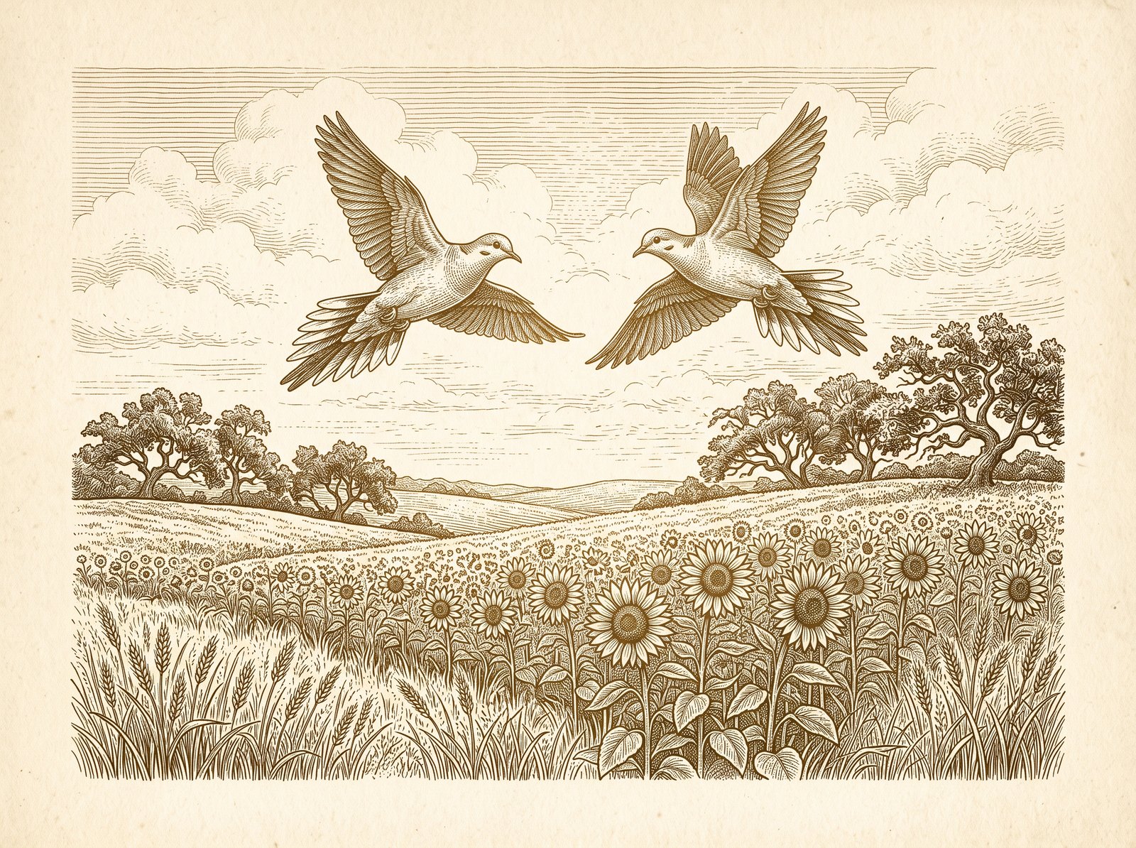 Etched illustration of mourning doves over a Central Texas field
