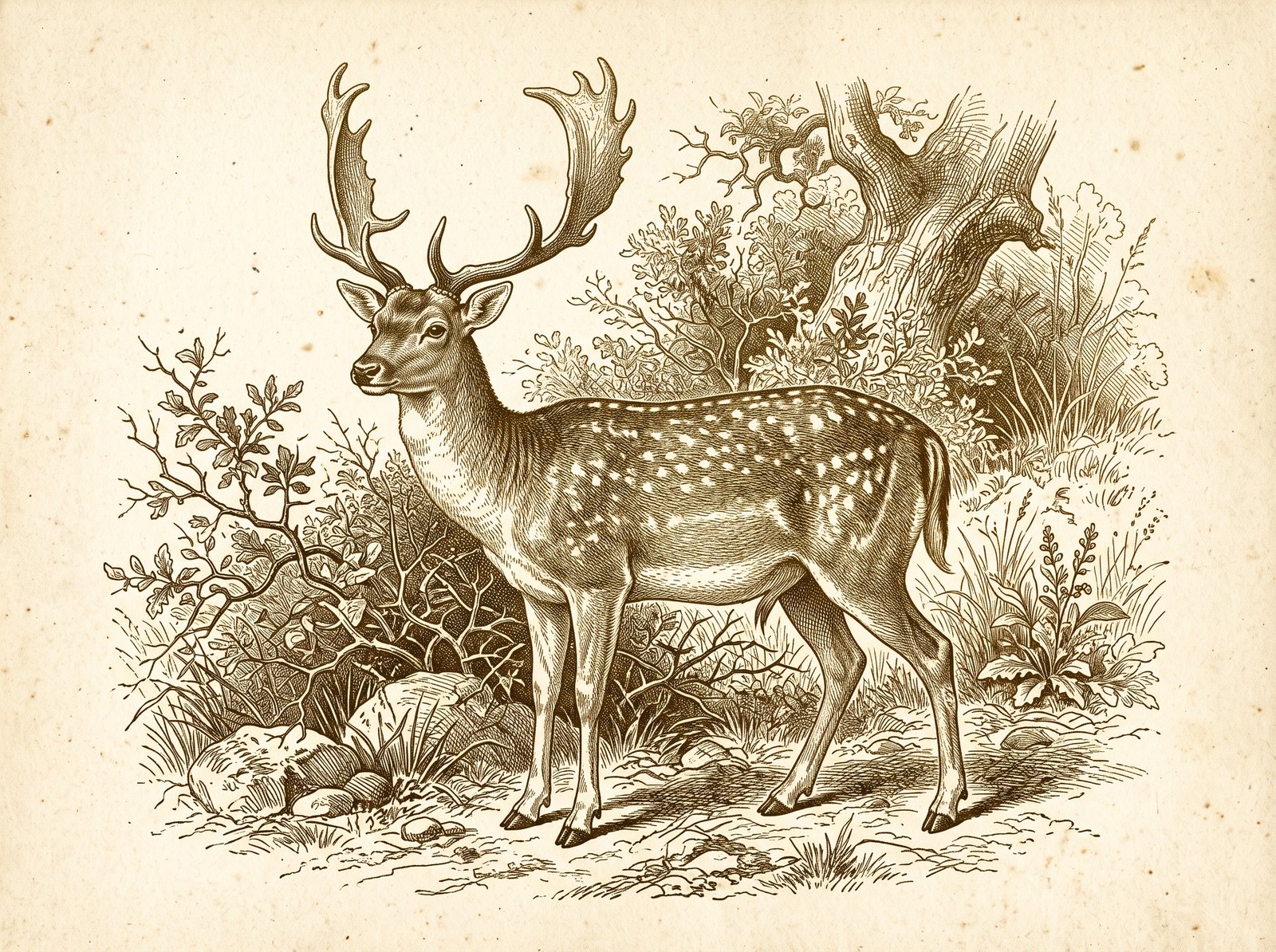 Etched illustration of a fallow deer buck in brush and oak
