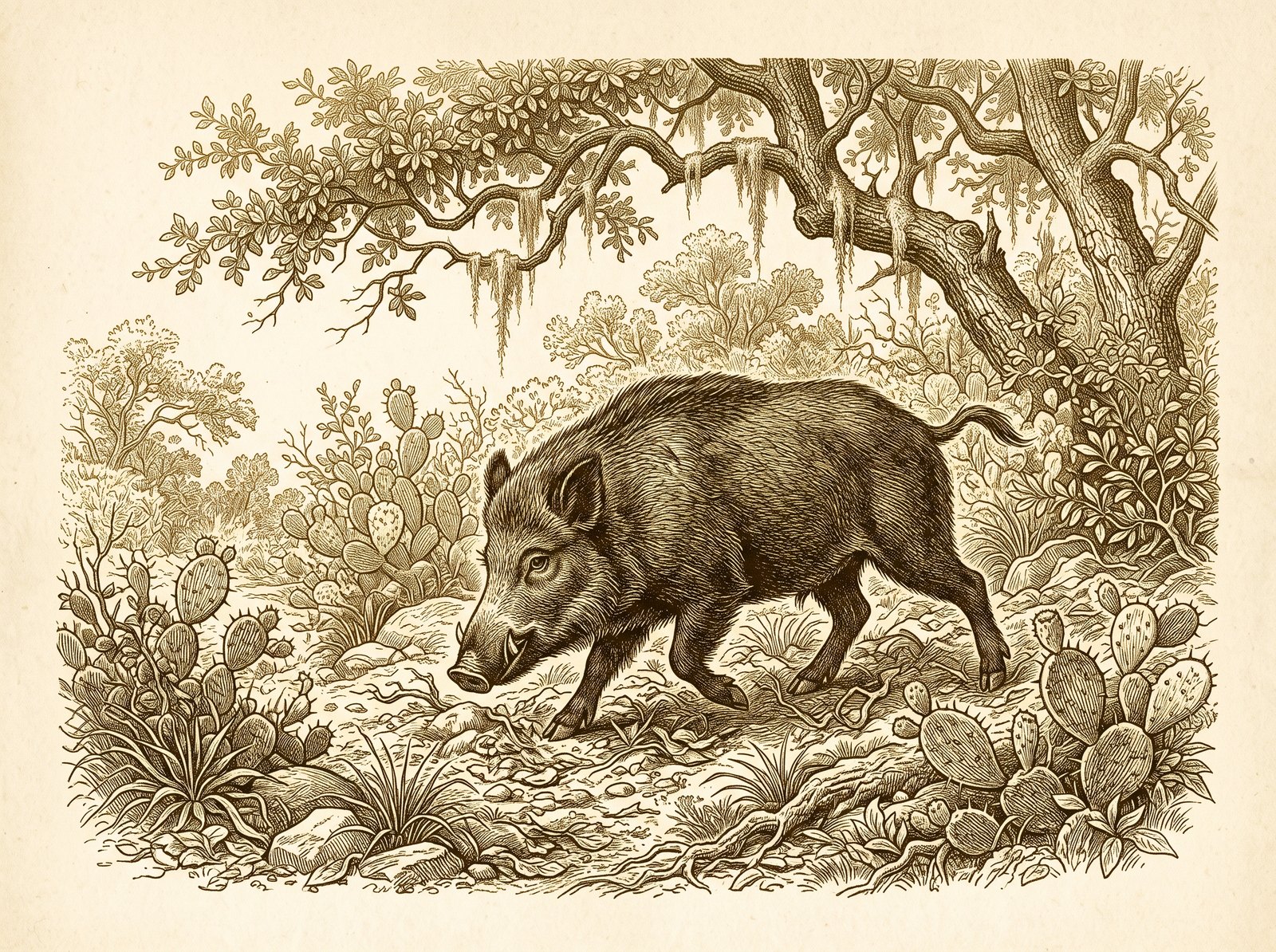 Etched illustration of a wild hog moving through Central Texas brush
