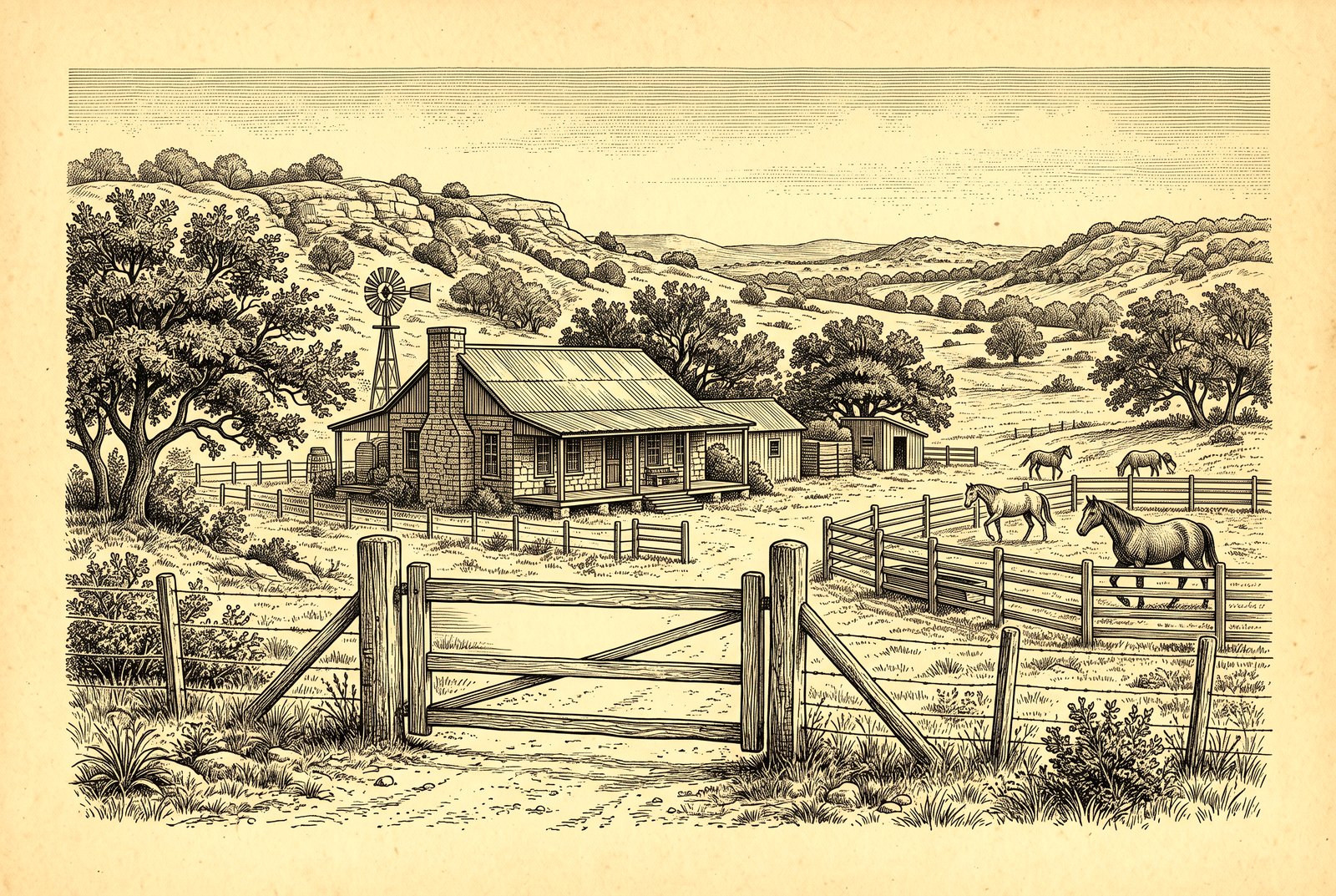 An engraved illustration of the ranch homestead and lodge among live oaks