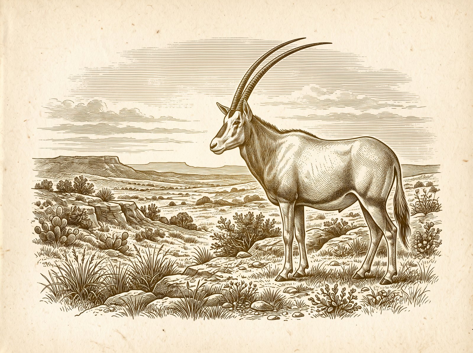 Etched illustration of a scimitar oryx in open country at dusk