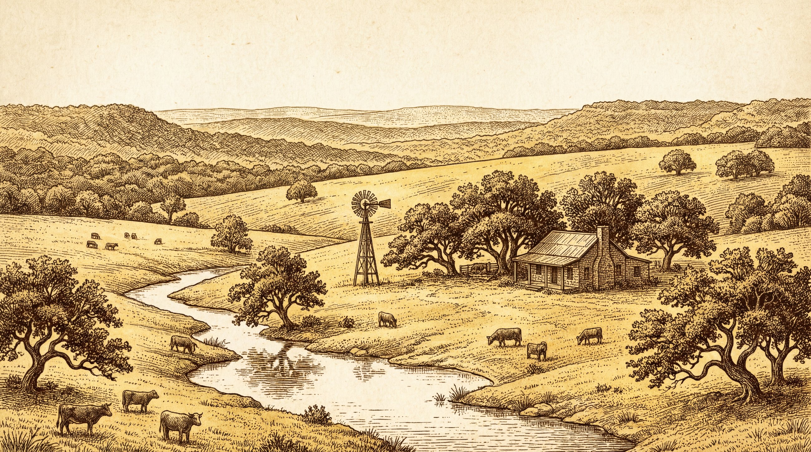 An engraved panorama of the Central Texas hill country: a creek, windmill, stone homestead, live oaks and grazing cattle
