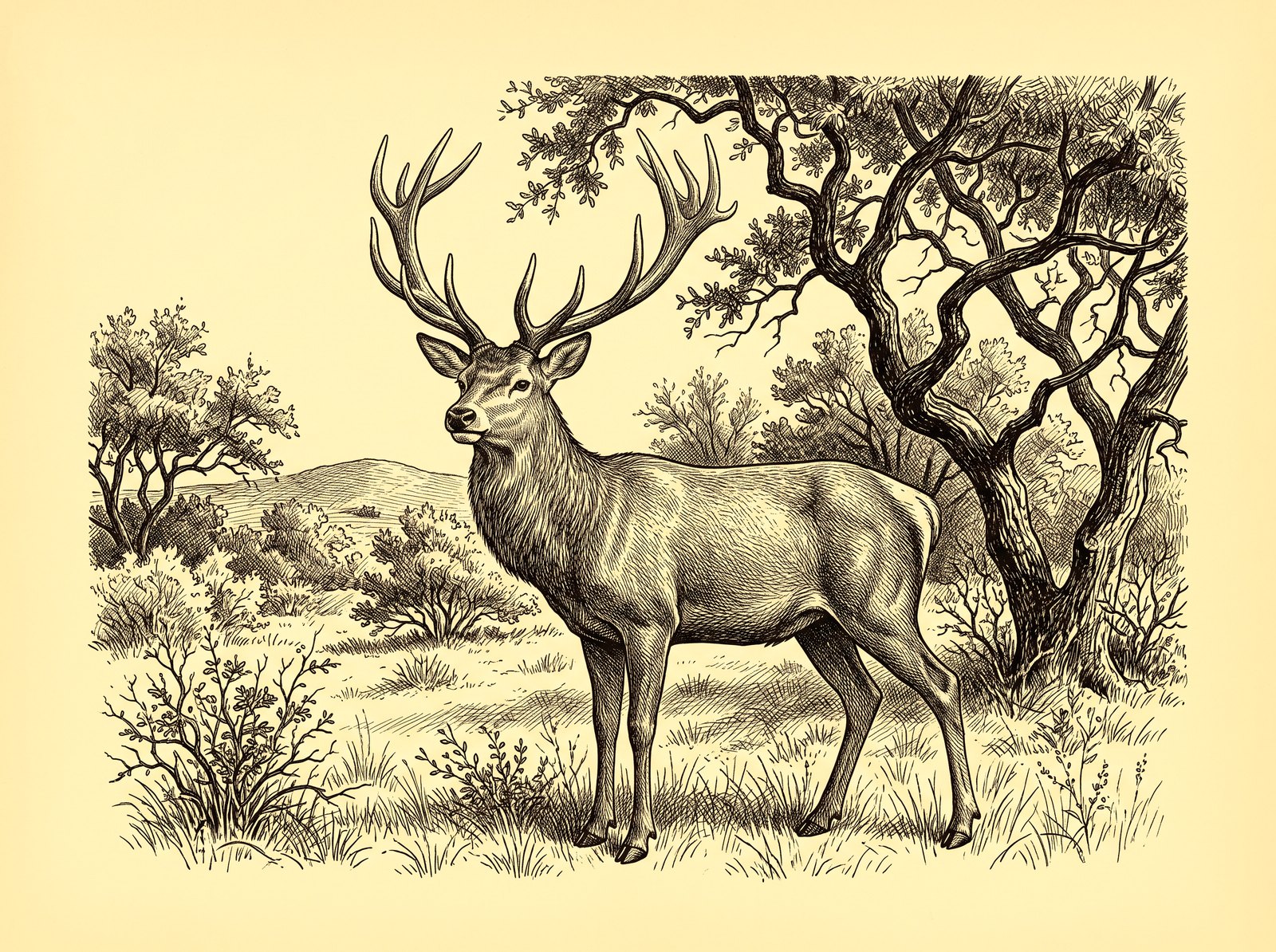 Etched illustration of a red stag in Central Texas brush
