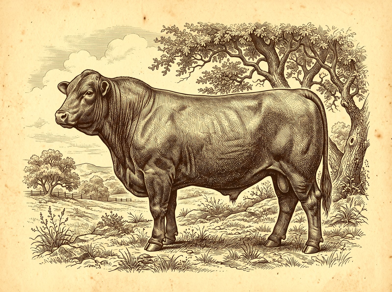 An engraved portrait of a Wagyu-Beefmaster cross steer standing in Central Texas hill country pasture