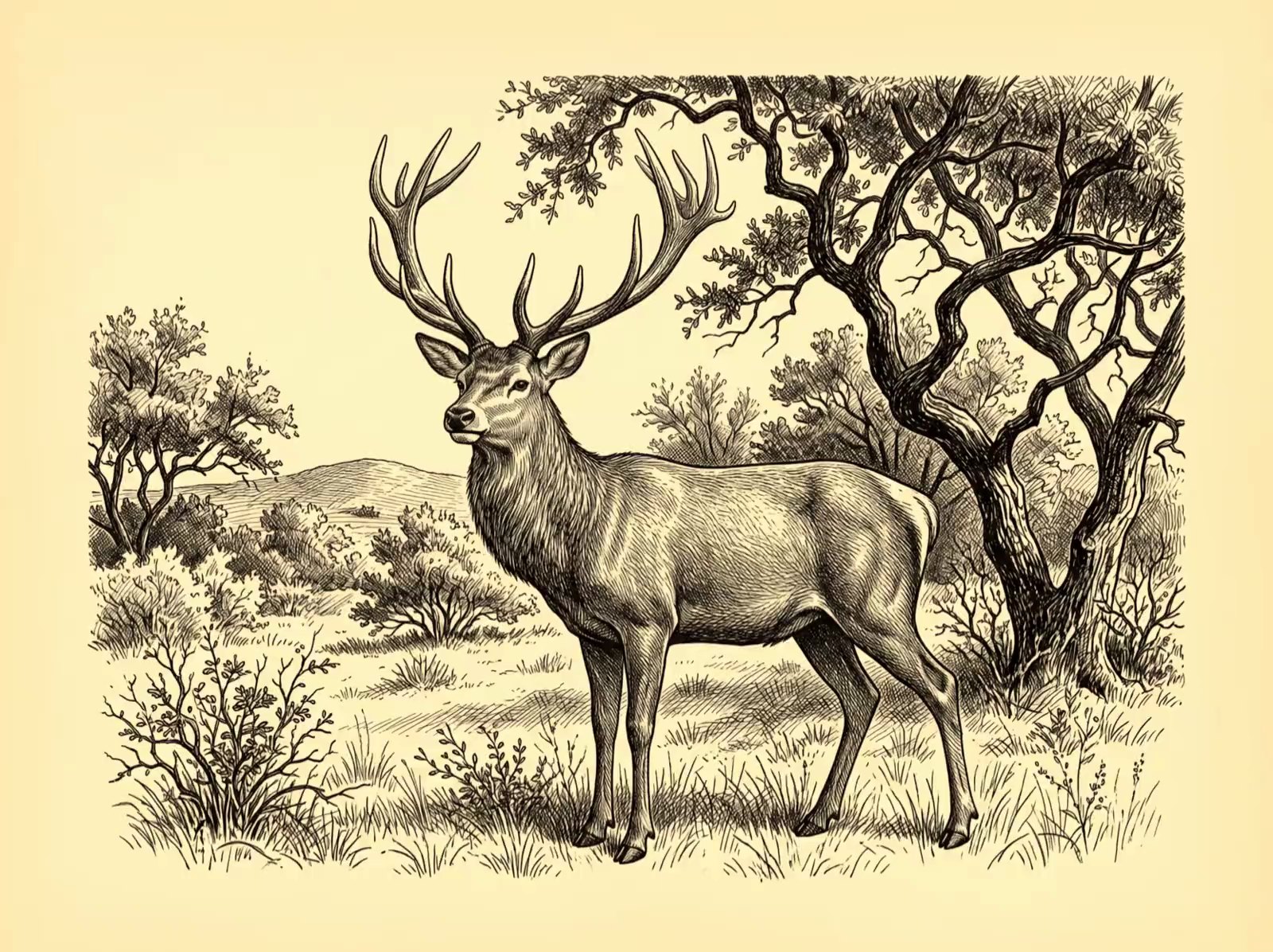 An engraved red stag standing in Central Texas hill country