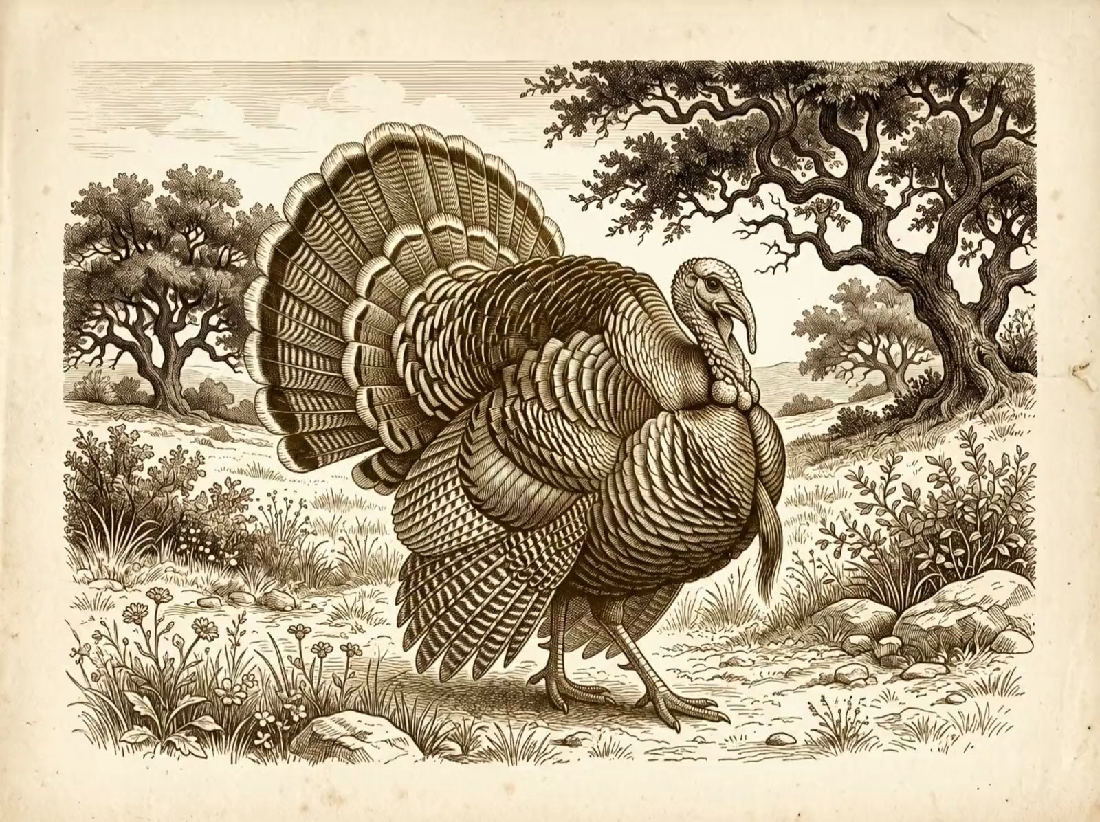 An engraved Rio Grande turkey gobbler strutting in Central Texas hill country