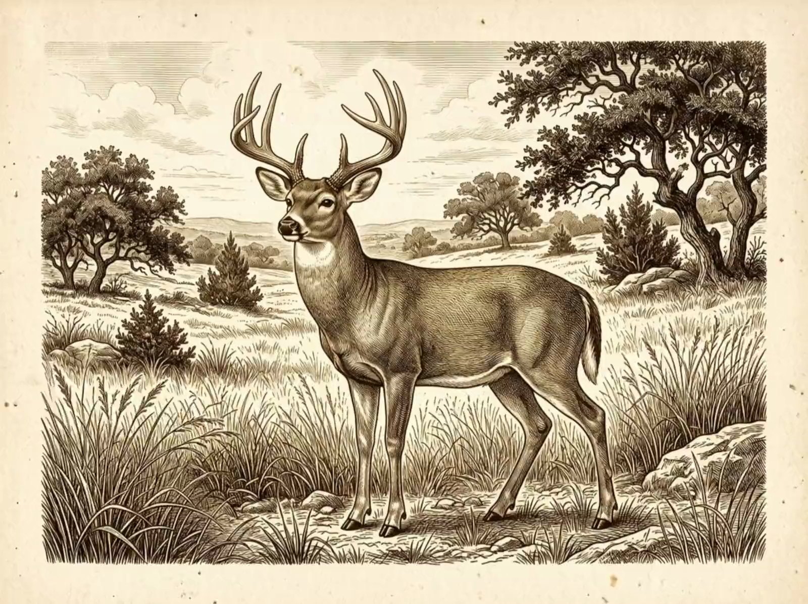 An engraved whitetail buck standing alert in Central Texas hill country